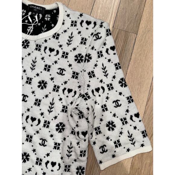 Chanel 19K Coco Neige Black White Wool CC Logo Top Short Sleeve Tee T Shirt 40 - Picture 8 of 16